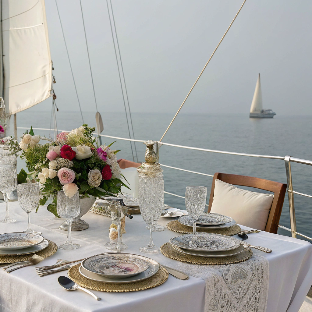 Exquisite sunset dinner setup on the main deck
