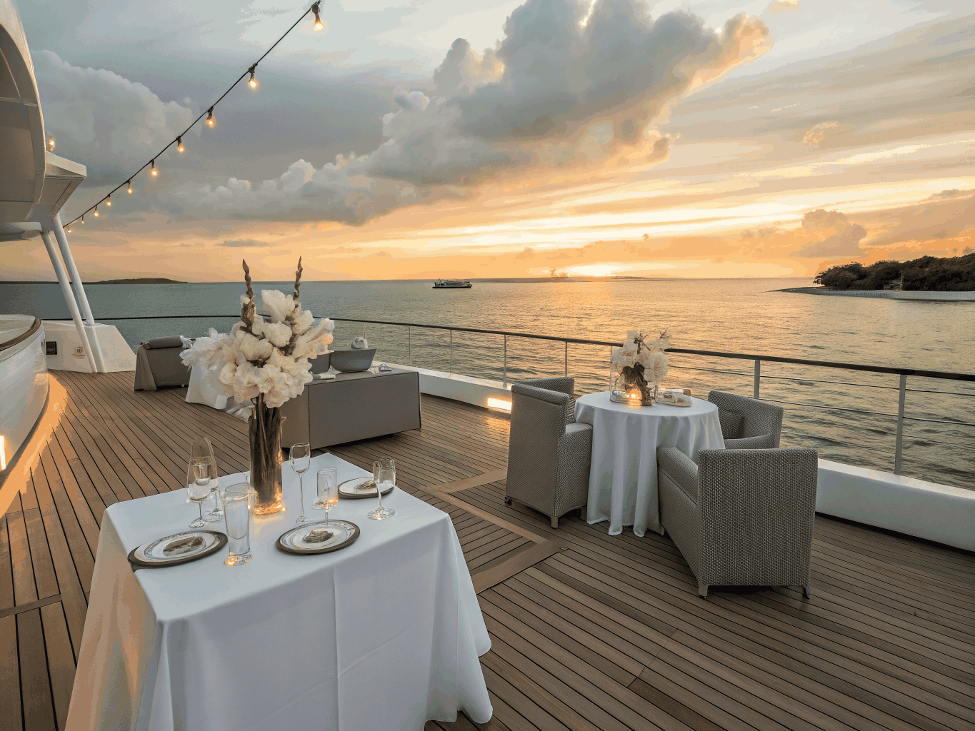 Luxury yacht dinner at sunset