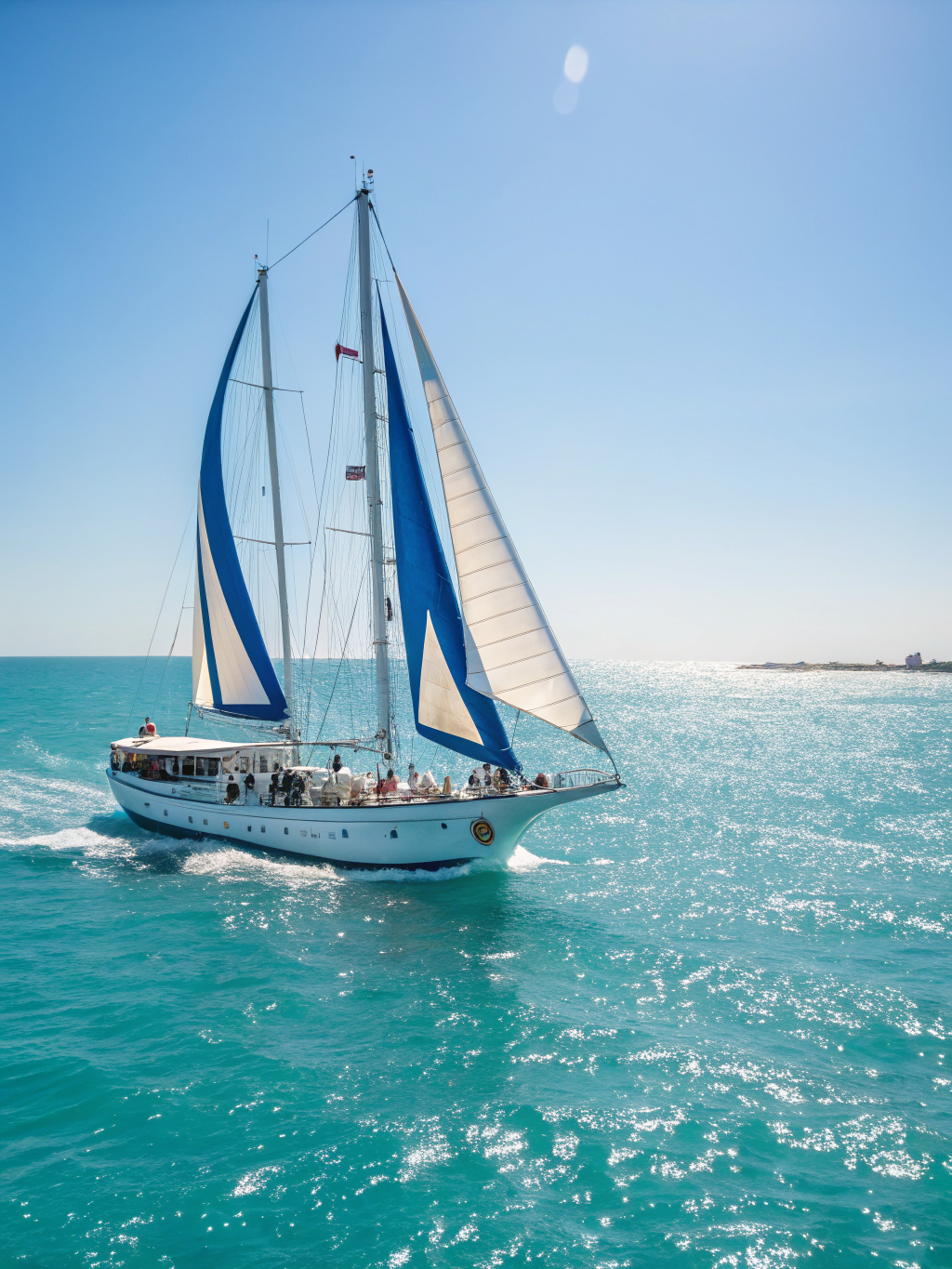 Aerial view of a luxury yacht cruising through turquoise waters