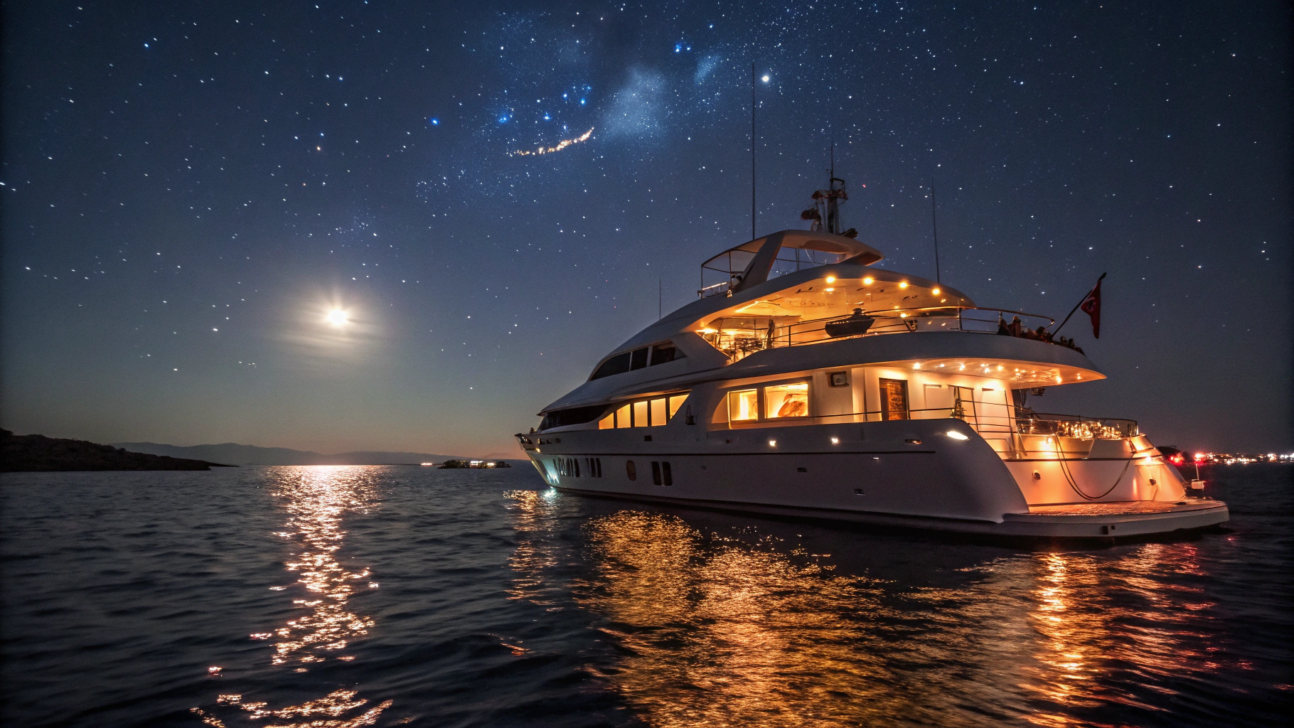 Illuminated yacht exterior under the starlit sky